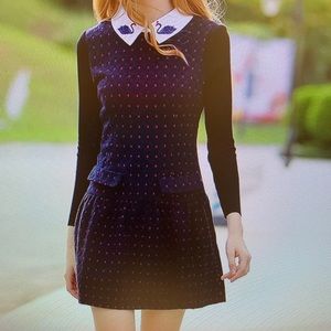 Embroidered collar dotted A-Line dress
